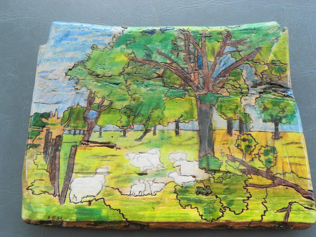 Sheep in the Meadow - Willow - Burnt/Etched/Painted - Item 326