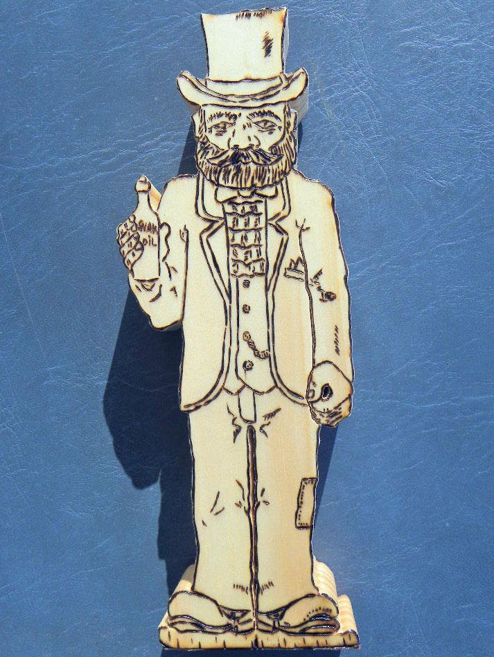 Snake Oil Salesman - Pyrography & Scrolled - Pine - Item 429