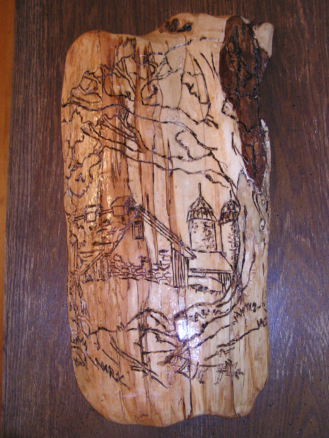 Farm House w/ Silo & Tree - Burnt & Etched - Willow - Item UU